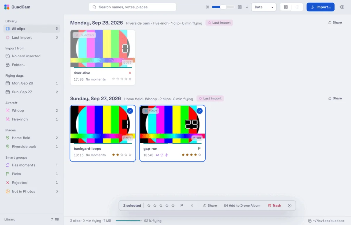 The QuadCam library: clips grouped by flying day, with ratings, flags and a sidebar of aircraft, places and smart groups